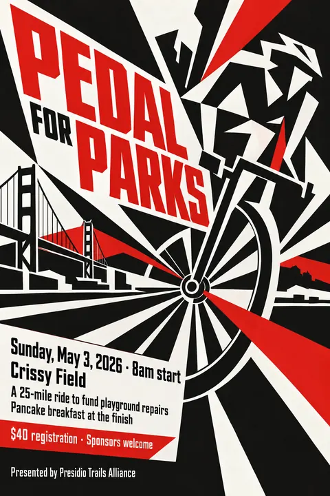 Vorticism style event poster for a fictional fundraiser: Pedal for Parks