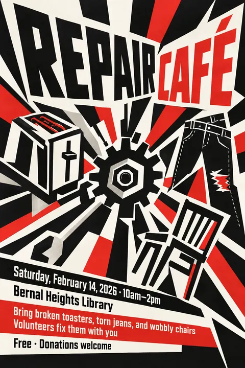 Vorticism style poster for a fictional event called Repair Café