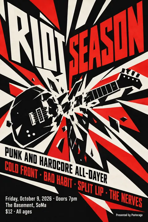 Vorticism style poster for a fictional event called Riot Season