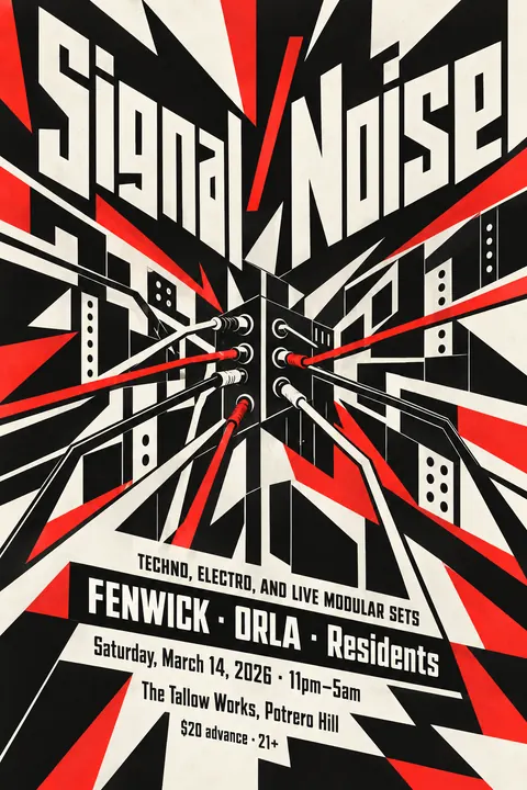 Vorticism style poster for a fictional event called Signal / Noise