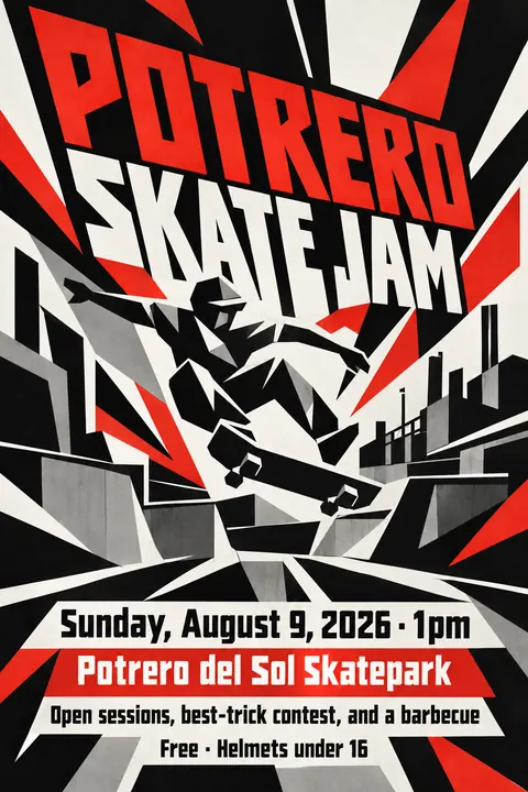 Vorticism style poster for a fictional event called Potrero Skate Jam