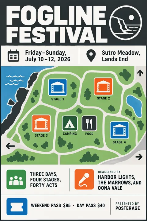 Wayfinding / Signage style event poster for a fictional festival: Fogline Festival