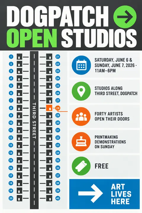 Wayfinding / Signage style poster for a fictional event called Dogpatch Open Studios