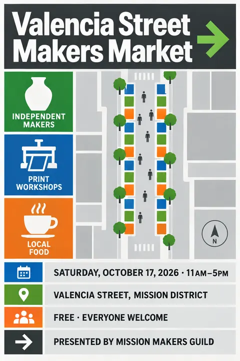 Wayfinding / Signage style poster for a fictional event called Valencia Street Makers Market