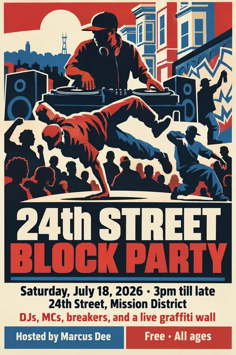 WPA / New Deal style poster for a fictional event called 24th Street Block Party