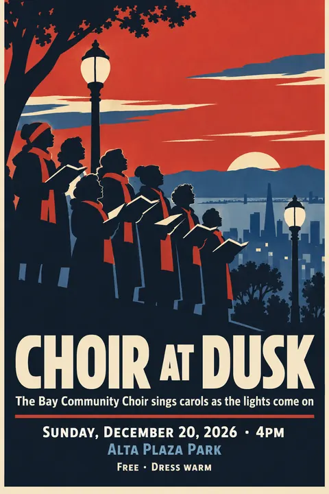 WPA / New Deal style poster for a fictional event called Choir at Dusk