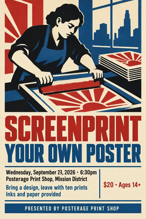WPA / New Deal style poster for a fictional event called Screenprint Your Own Poster