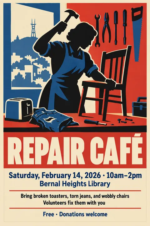 WPA / New Deal style poster for a fictional event called Repair Café