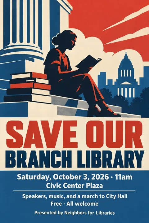 WPA / New Deal style poster for a fictional event called Save Our Branch Library