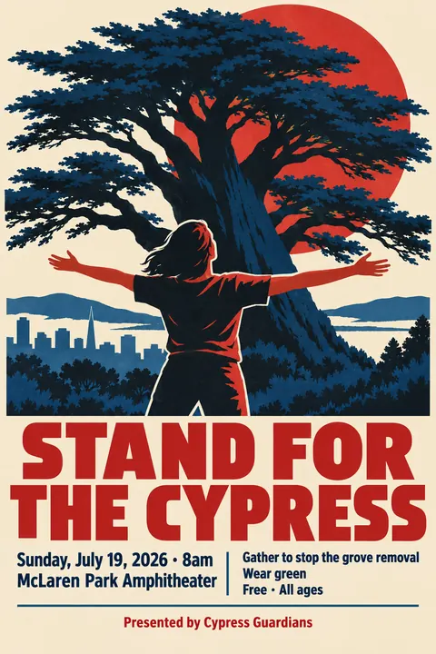 WPA / New Deal style event poster for a fictional protest: Stand for the Cypress