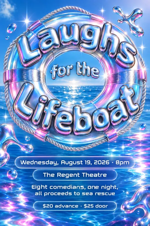 Y2K Chrome style event poster for a fictional fundraiser: Laughs for the Lifeboat