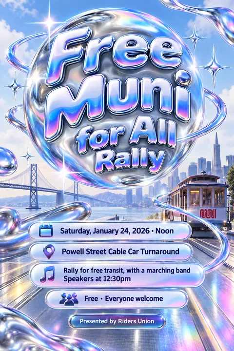 Y2K Chrome style event poster for a fictional protest: Free Muni for All Rally