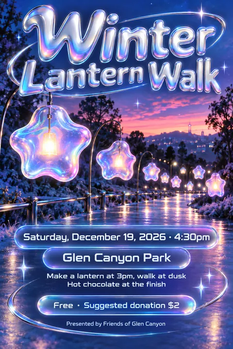 Y2K Chrome style poster for a fictional event called Winter Lantern Walk