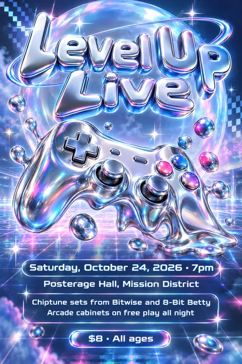 Y2K Chrome style poster for a fictional event called Level Up Live