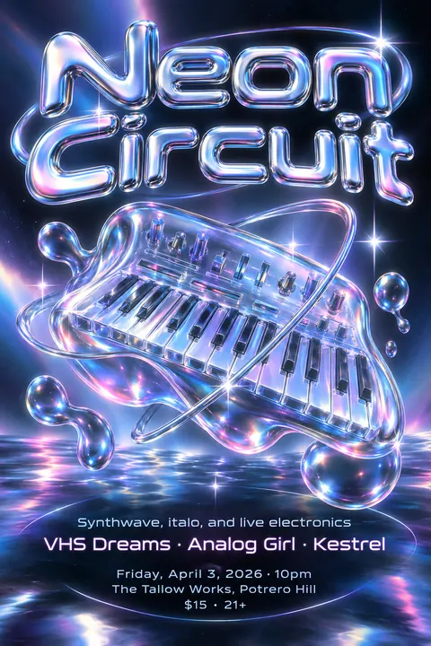 Y2K Chrome style poster for a fictional event called Neon Circuit
