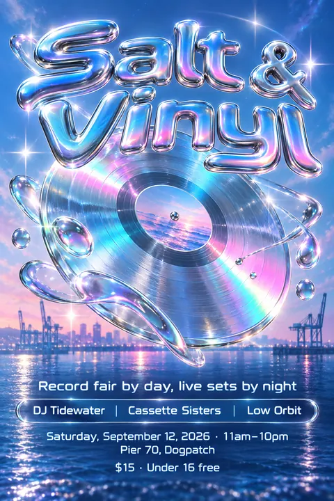 Y2K Chrome style event poster for a fictional festival: Salt & Vinyl