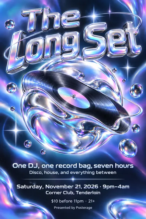 Y2K Chrome style poster for a fictional event called The Long Set