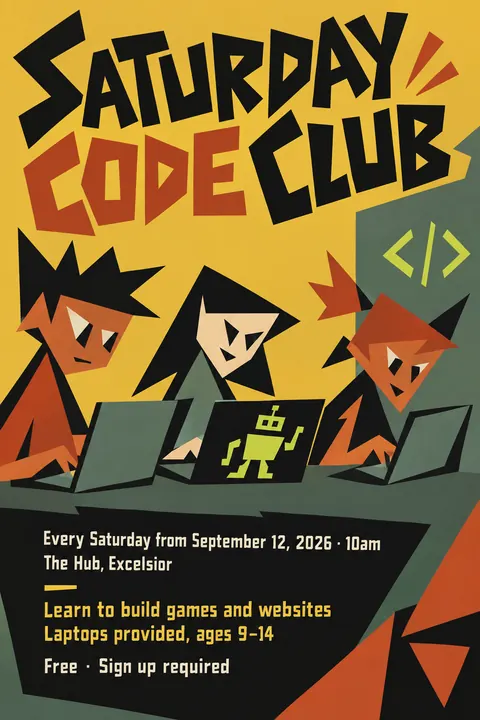 Zagreb School Animation style poster for a fictional event called Saturday Code Club