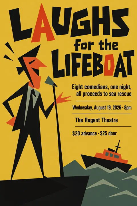 Zagreb School Animation style event poster for a fictional fundraiser: Laughs for the Lifeboat