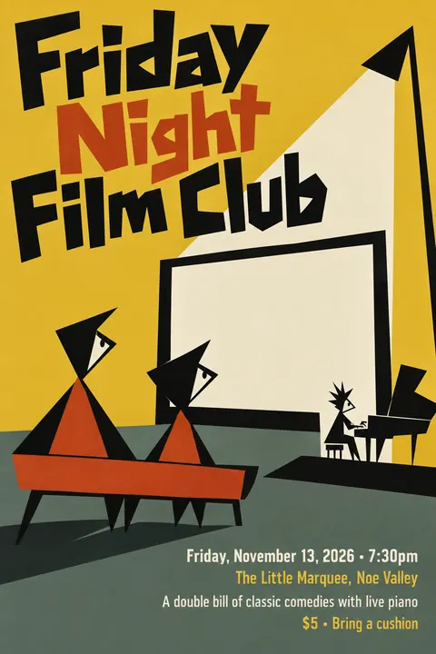 Zagreb School Animation style event poster for a fictional community: Friday Night Film Club