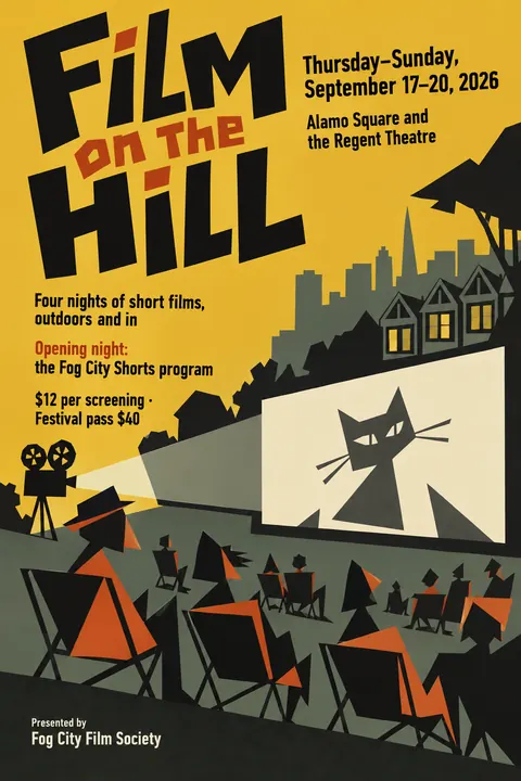 Zagreb School Animation style event poster for a fictional festival: Film on the Hill