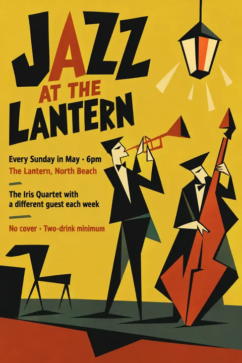 Zagreb School Animation style poster for a fictional event called Jazz at the Lantern