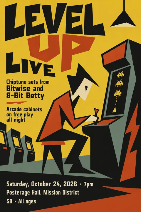 Zagreb School Animation style poster for a fictional event called Level Up Live