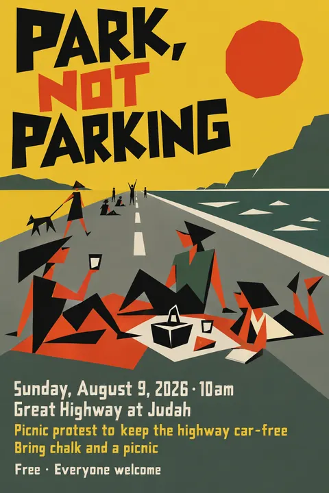 Zagreb School Animation style event poster for a fictional protest: Park, Not Parking