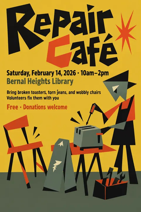 Zagreb School Animation style poster for a fictional event called Repair Café