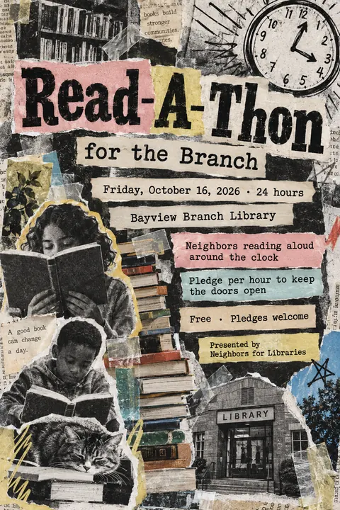Zine Cut-and-Paste style event poster for a fictional fundraiser: Read-A-Thon for the Branch
