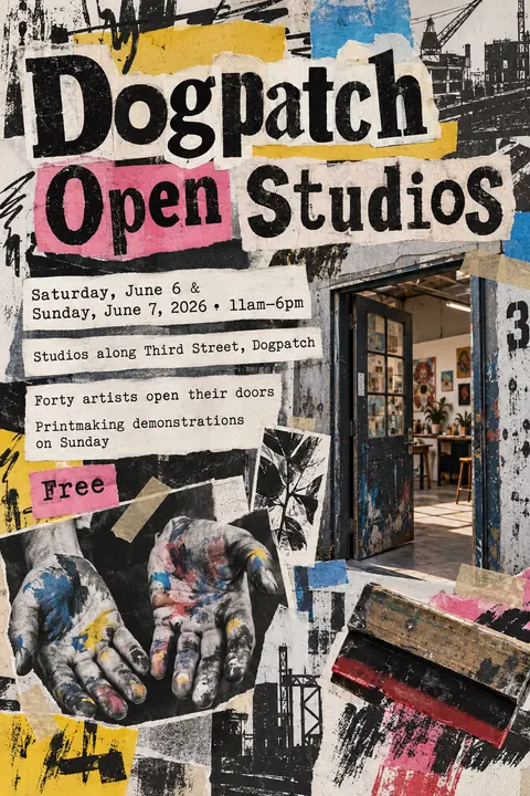 Zine Cut-and-Paste style poster for a fictional event called Dogpatch Open Studios
