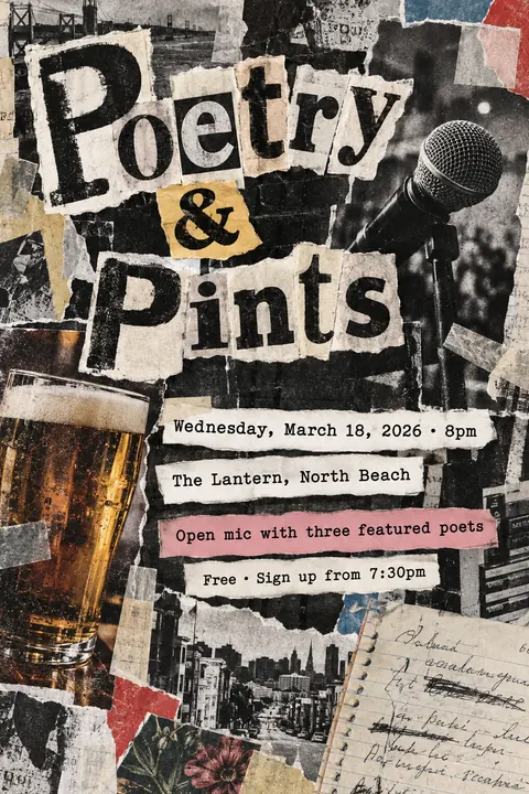 Zine Cut-and-Paste style poster for a fictional event called Poetry & Pints