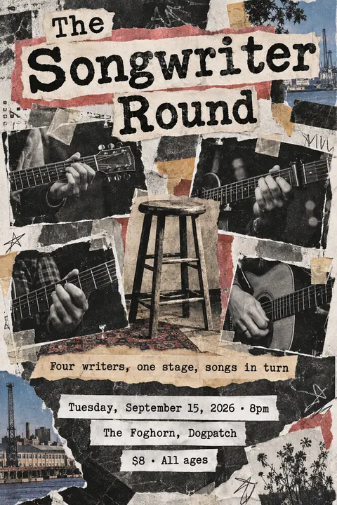 Zine Cut-and-Paste style poster for a fictional event called The Songwriter Round