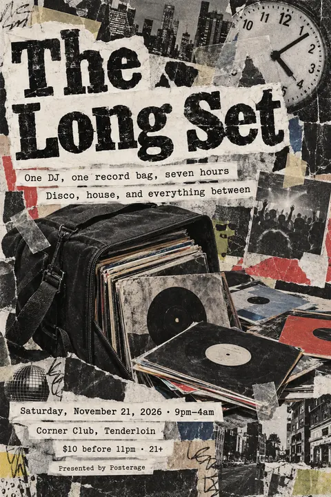 Zine Cut-and-Paste style poster for a fictional event called The Long Set