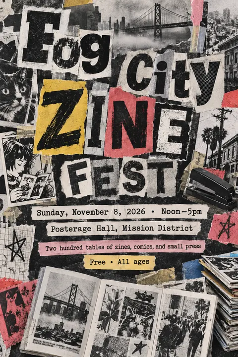 Zine Cut-and-Paste style poster for a fictional event called Fog City Zine Fest