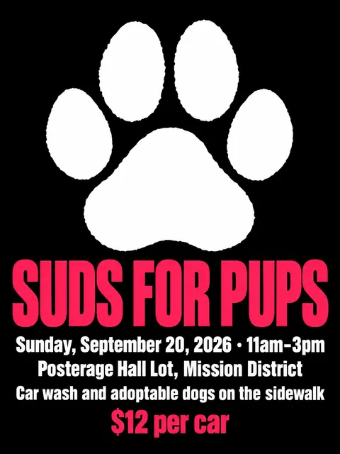 ACT UP / AIDS Crisis Activism style party flyer for a fictional car-wash: Suds for Pups