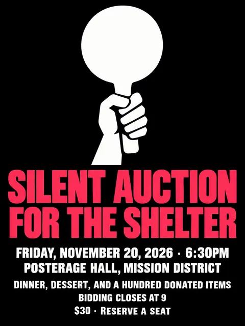 ACT UP / AIDS Crisis Activism style party flyer for a fictional fundraiser: Silent Auction for the Shelter
