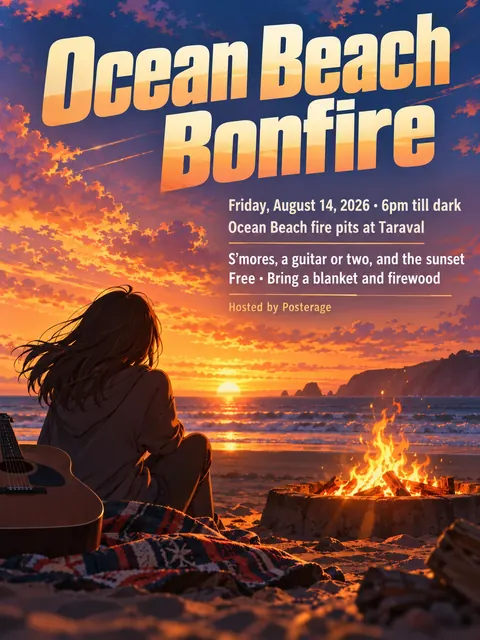 Anime style party flyer for a fictional pool: Ocean Beach Bonfire