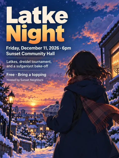 Anime style party flyer for a fictional holiday: Latke Night
