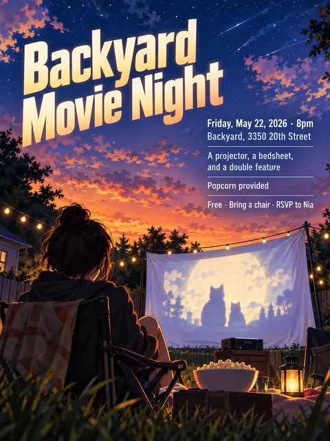 Anime style party flyer for a fictional house: Backyard Movie Night