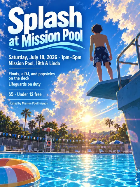 Anime style party flyer for a fictional pool: Splash at Mission Pool