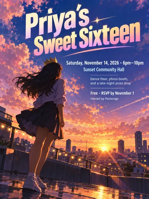 Anime style party flyer for a fictional birthday: Priya's Sweet Sixteen
