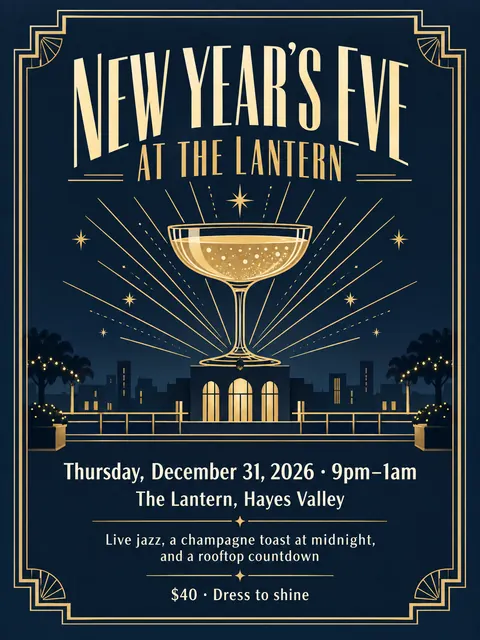 Art Deco style party flyer for a fictional holiday: New Year's Eve at the Lantern