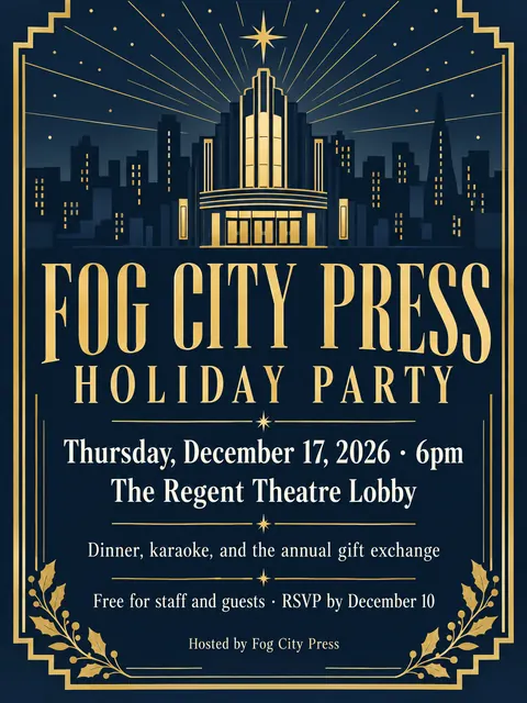 Art Deco style party flyer for a fictional holiday: Fog City Press Holiday Party