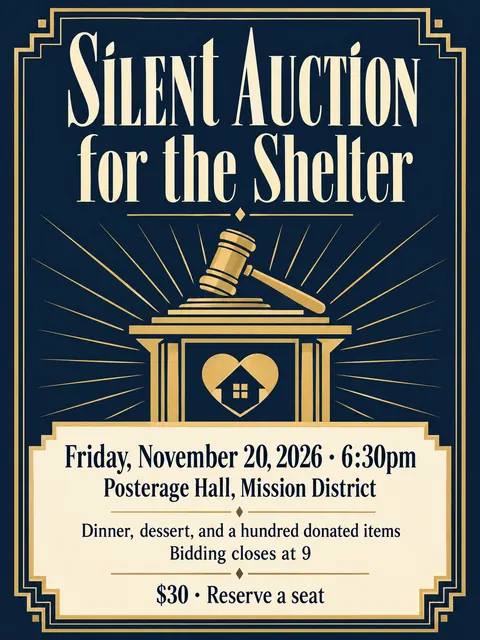 Art Deco style party flyer for a fictional fundraiser: Silent Auction for the Shelter