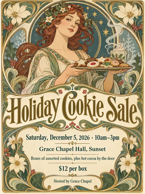 Art Nouveau style party flyer for a fictional bake-sale: Holiday Cookie Sale