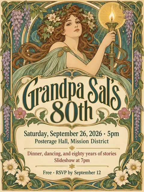 Art Nouveau style party flyer for a fictional birthday: Grandpa Sal's 80th