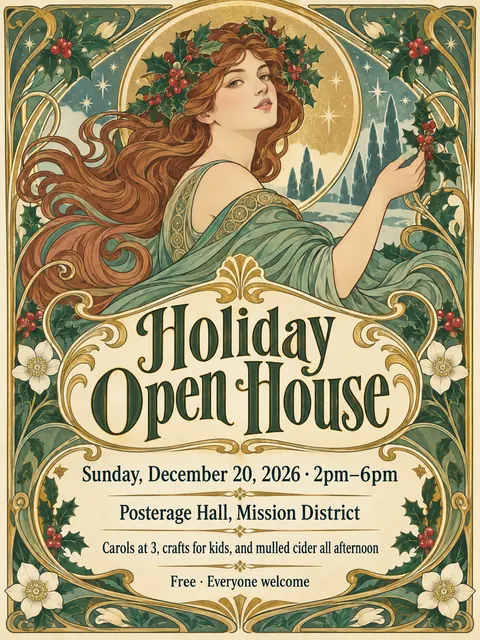 Art Nouveau style party flyer for a fictional holiday: Holiday Open House