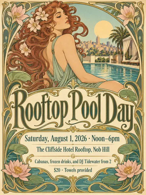 Art Nouveau style party flyer for a fictional pool: Rooftop Pool Day