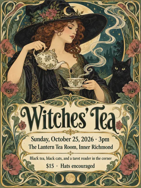 Art Nouveau style party flyer for a fictional halloween: Witches' Tea